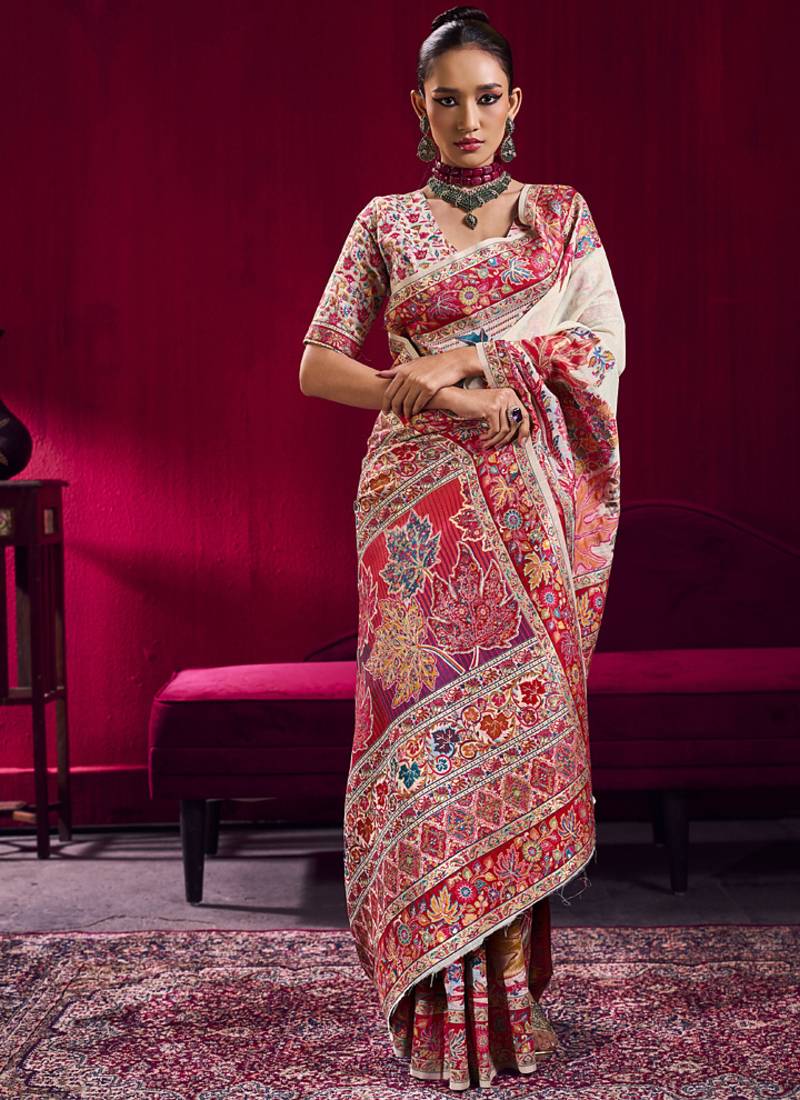 Off white modal pashmina handloom weaving saree