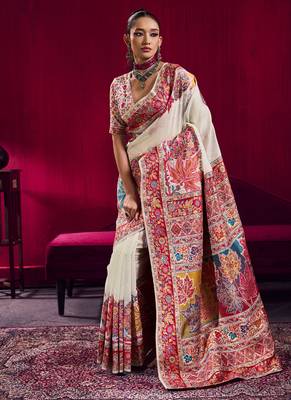 Off white modal pashmina handloom weaving saree 2