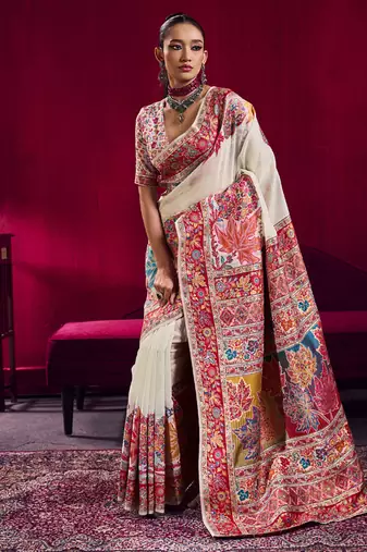 Off white modal pashmina handloom weaving saree