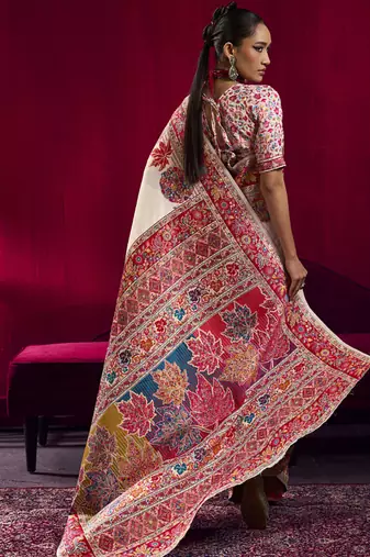 Off white modal pashmina handloom weaving saree