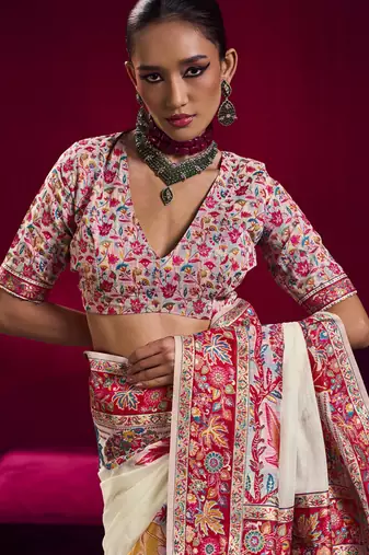 Off white modal pashmina handloom weaving saree
