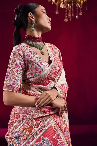 Off white modal pashmina handloom weaving saree
