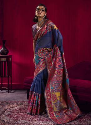 Navy blue modal pashmina handloom weaving saree 1
