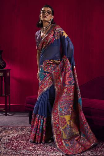 Navy blue modal pashmina handloom weaving saree