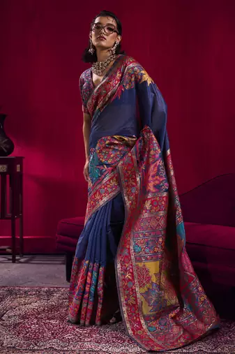 Navy blue modal pashmina handloom weaving saree