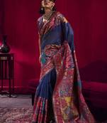 Navy blue modal pashmina handloom weaving saree
