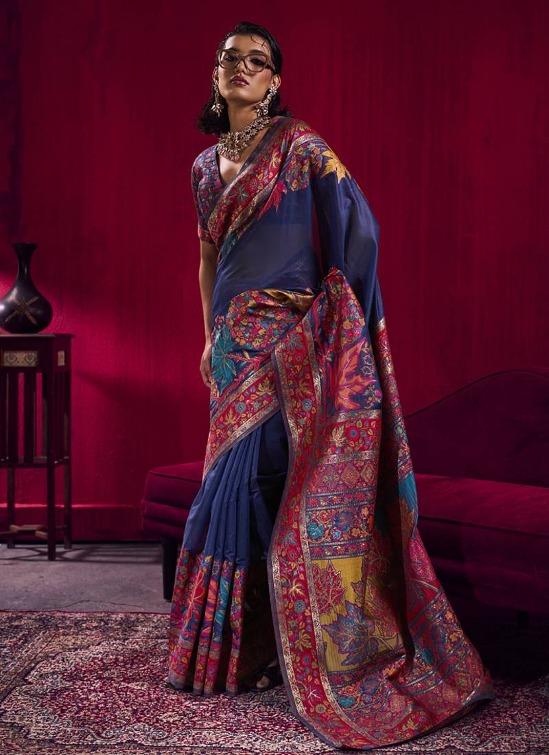 Navy blue modal pashmina handloom weaving saree