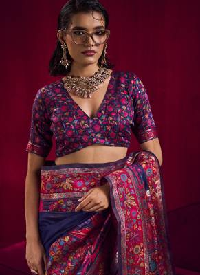 Navy blue modal pashmina handloom weaving saree 3