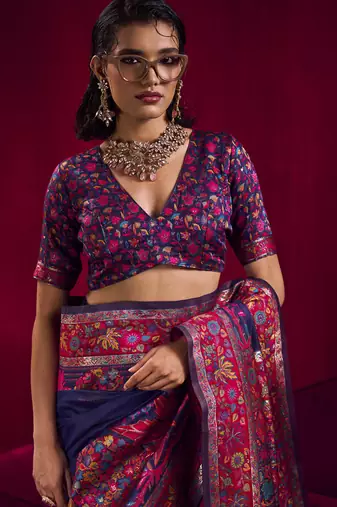 Navy blue modal pashmina handloom weaving saree