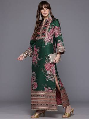 Green printed art silk long kurtis 2