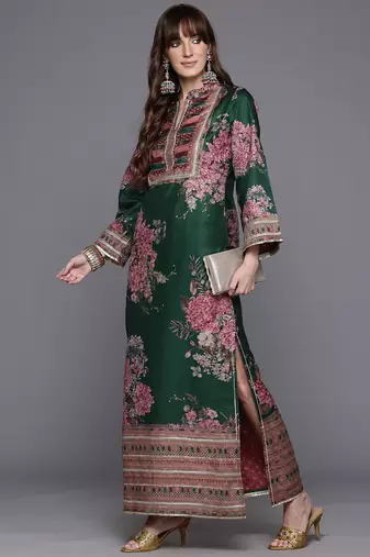 Green printed art silk long kurtis