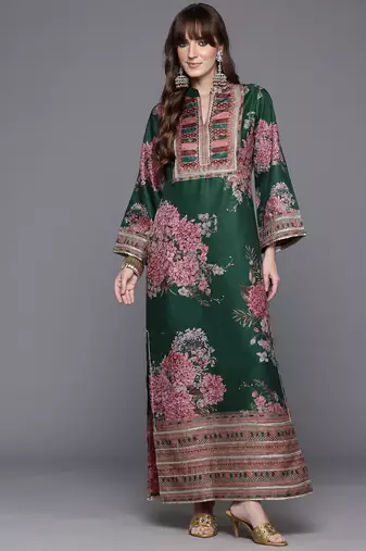 Green printed art silk long kurtis
