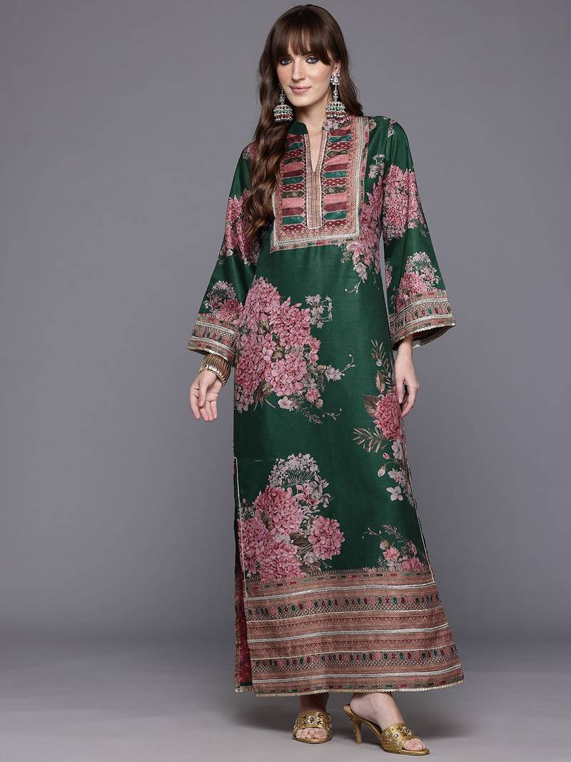 Green printed art silk long kurtis