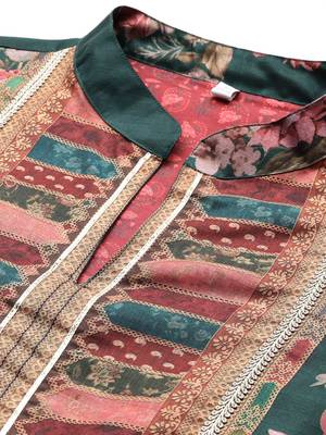 Green printed art silk long kurtis 3