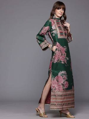 Green printed art silk long kurtis 4