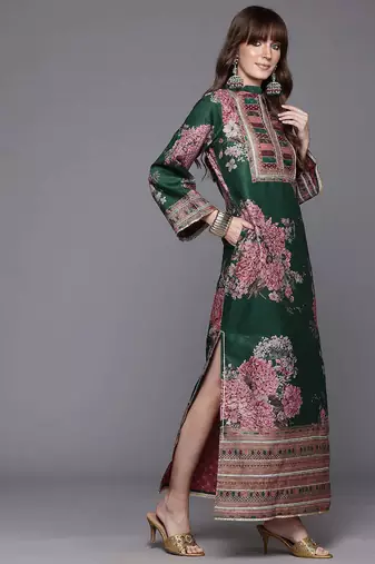 Green printed art silk long kurtis