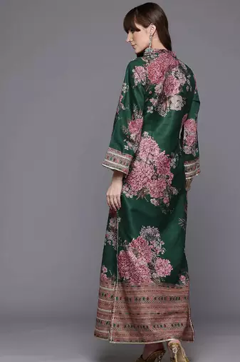 Green printed art silk long kurtis