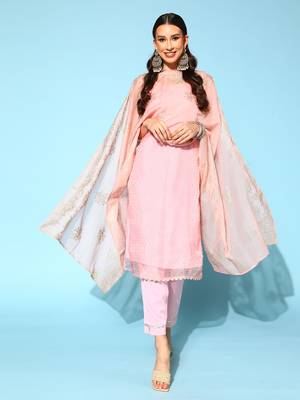 Pastel pink printed organza kurta sets 1