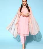 Pastel pink printed organza kurta sets