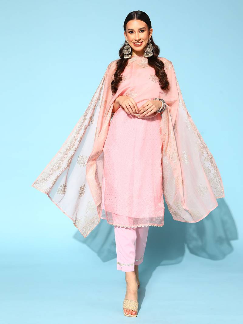 Pastel pink printed organza kurta sets