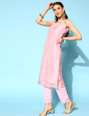 Pastel pink printed organza kurta sets 2