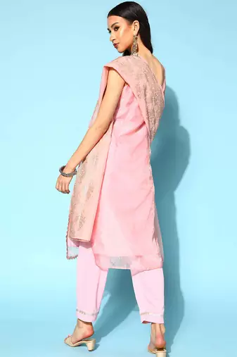 Pastel pink printed organza kurta sets