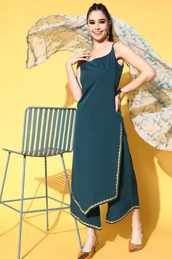 Green solid poly crepe kurta sets