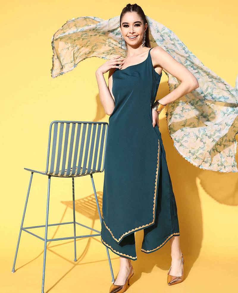 Green solid poly crepe kurta sets