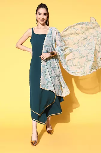 Green solid poly crepe kurta sets