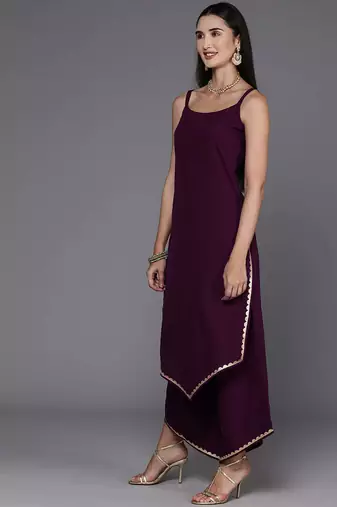 Burgundy solid poly crepe kurta sets
