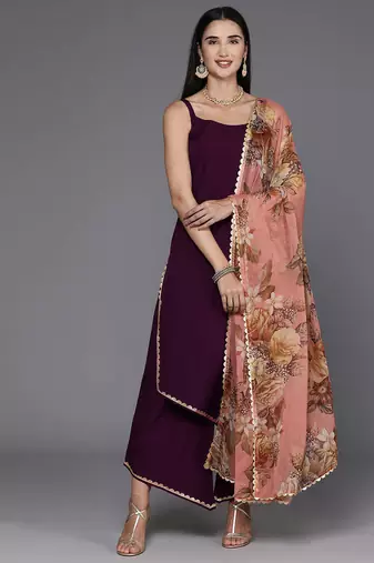 Burgundy solid poly crepe kurta sets
