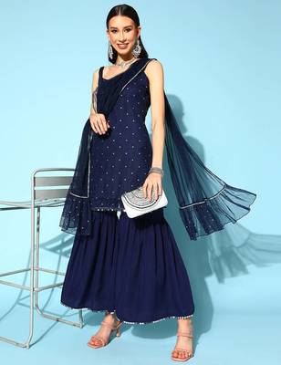 Navy blue printed poly crepe kurta sets 1