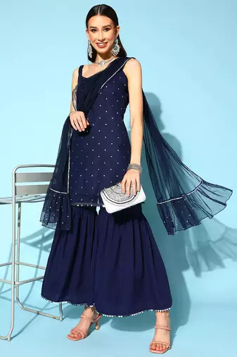 Navy blue printed poly crepe kurta sets