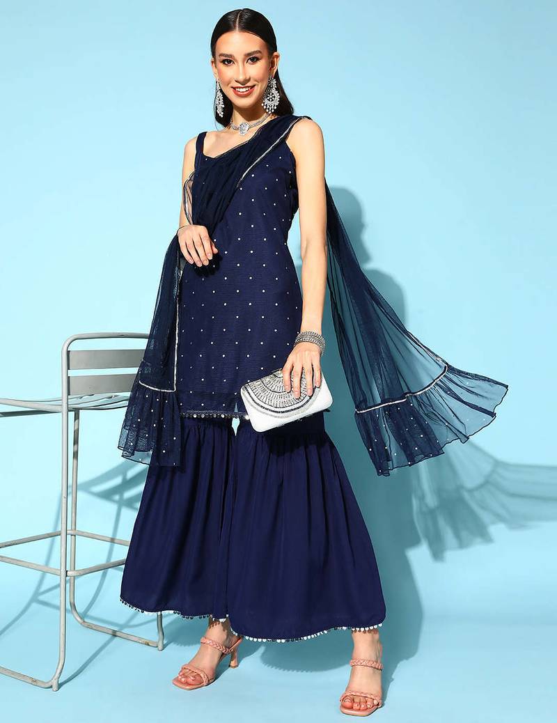 Navy blue printed poly crepe kurta sets