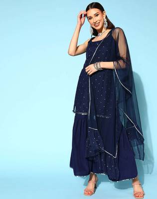 Navy blue printed poly crepe kurta sets 3