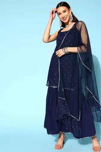 Navy blue printed poly crepe kurta sets