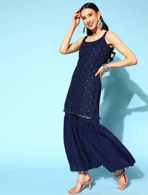 Navy blue printed poly crepe kurta sets 4