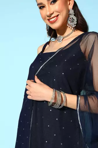 Navy blue printed poly crepe kurta sets