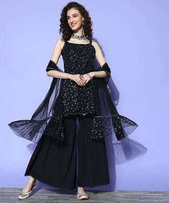 Black solid net kurta sets 1