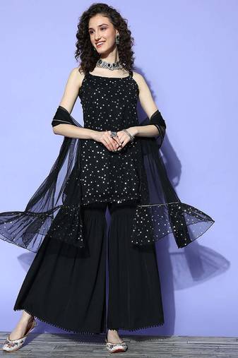 Black solid net kurta sets