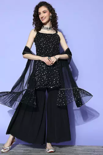 Black solid net kurta sets