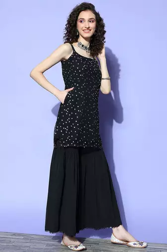Black solid net kurta sets