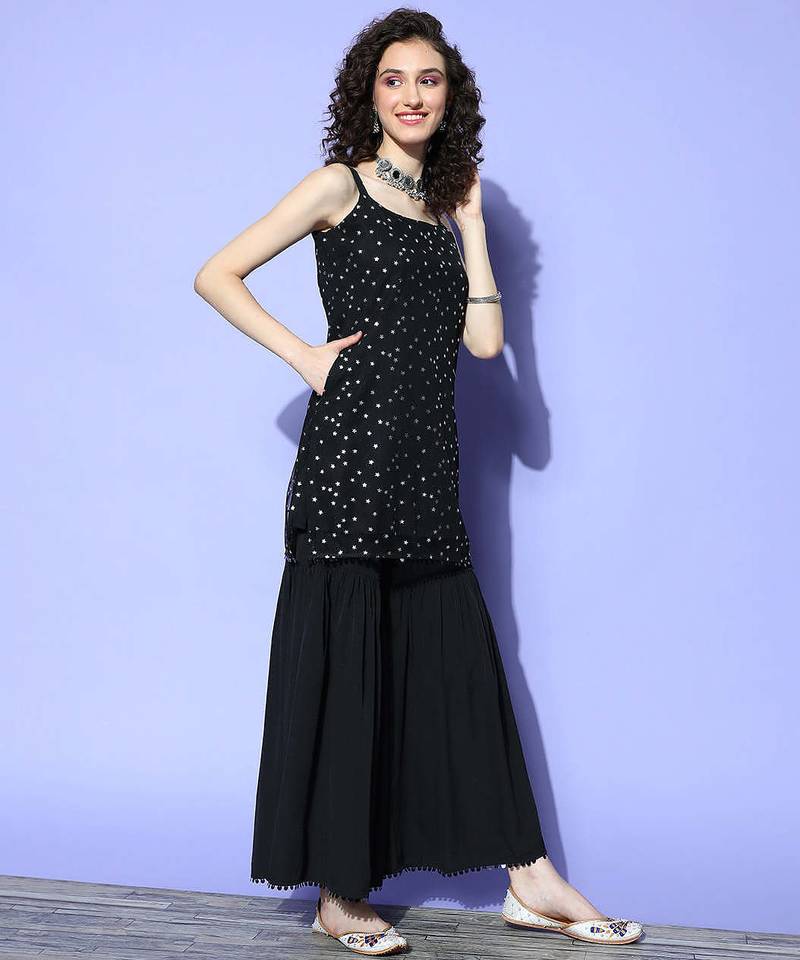 Black solid net kurta sets