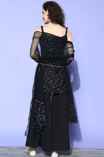 Black solid net kurta sets