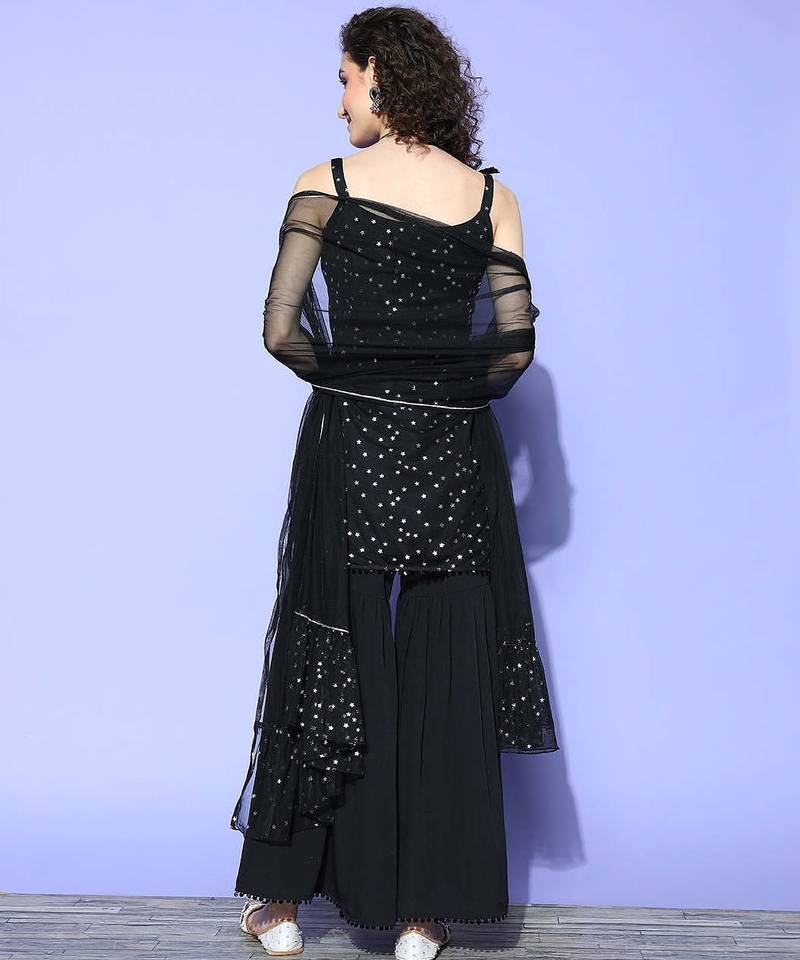 Black solid net kurta sets