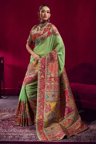 Pista modal pashmina handloom weaving saree