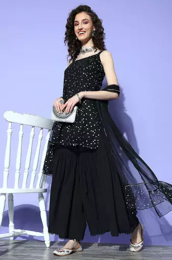 Black solid net kurta sets