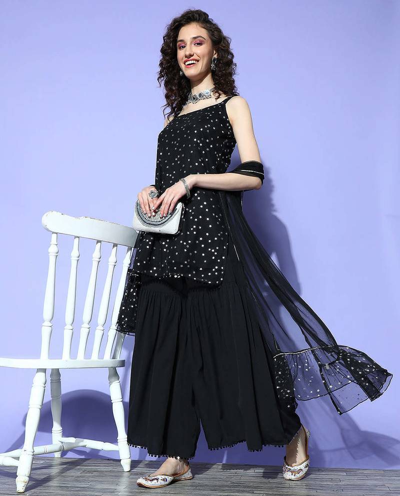 Black solid net kurta sets