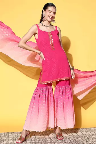 Pink printed poly crepe kurta sets