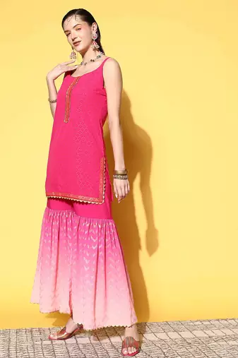 Pink printed poly crepe kurta sets